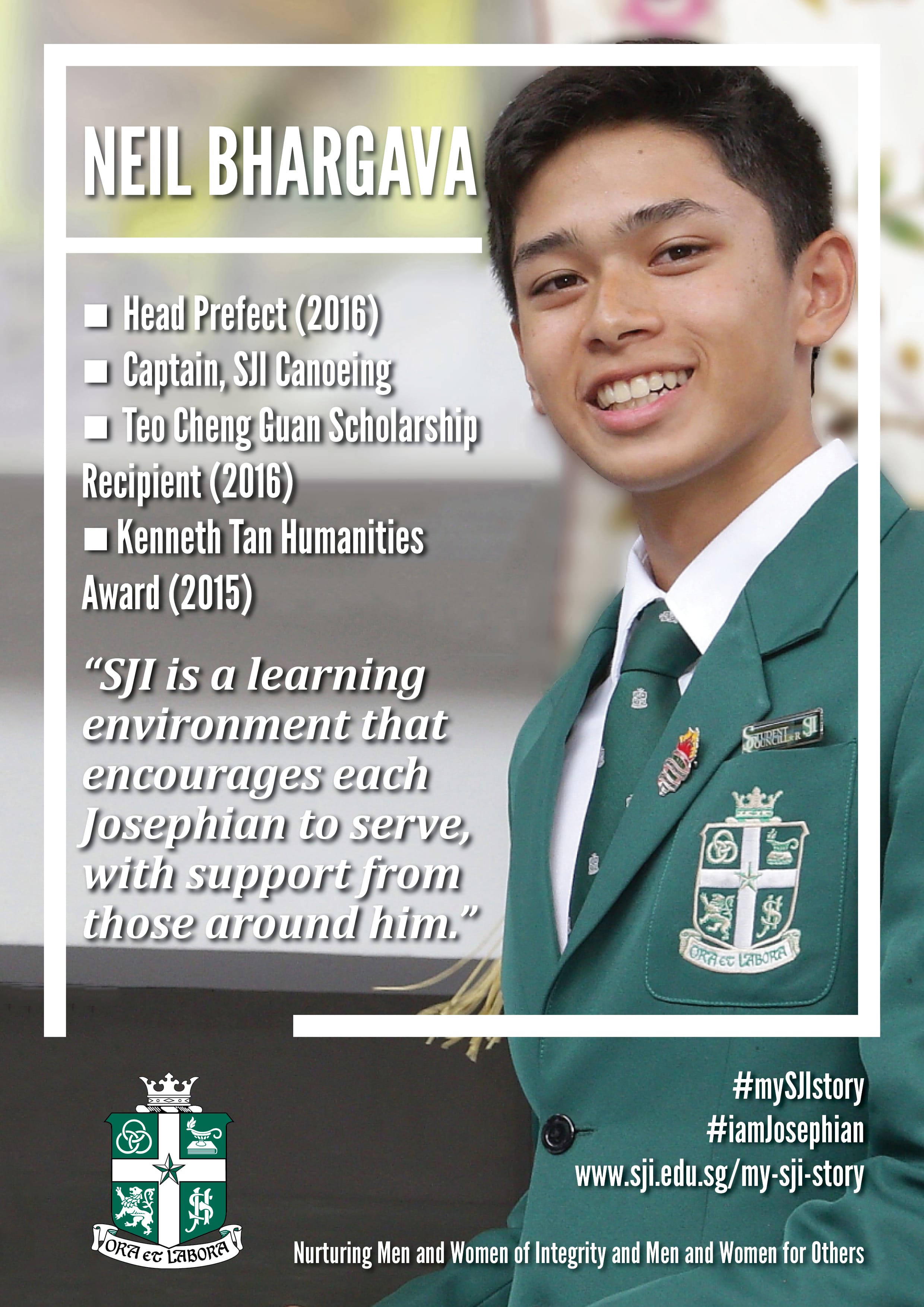 Smiling teenage boy named Neil Bhargava in a green SJI school blazer with crest, listed as Head Prefect 2016.